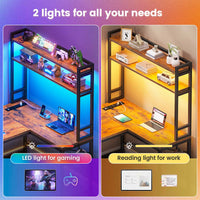 Sikaic Gaming Desk 45.3 inches LED Reversible L Shaped Gaming Desk with Hutch Power Outlet Storage Shelves  and Hooks Brown