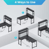 Sikaic Gaming Desk 45.3 inches LED Reversible L Shaped Gaming Desk with Hutch Power Outlet Storage Shelves  and Hooks Black