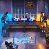 Sikaic Gaming Desk 45.3 inches LED Reversible L Shaped Gaming Desk with Hutch Power Outlet Storage Shelves  and Hooks Black