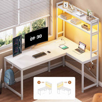 Sikaic Gaming Desk 45.3 inches LED Reversible L Shaped Gaming Desk with Hutch Power Outlet Storage Shelves  and Hooks White
