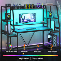 Sikaic Gaming Desk 65.7 Inches Large PC Gamer Gaming Desk with LED Lights Hutch and Storage Shelves Monitor Stand Black