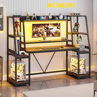 Sikaic Gaming Desk 65.7 Inches Large PC Gamer Gaming Desk with LED Lights Hutch and Storage Shelves Monitor Stand Black