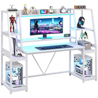 Sikaic Gaming Desk 65.7 Inches Large PC Gamer Gaming Desk with LED Lights Hutch and Storage Shelves Monitor Stand White