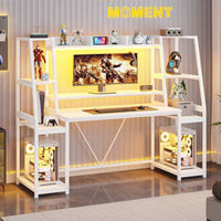 Sikaic Gaming Desk 65.7 Inches Large PC Gamer Gaming Desk with LED Lights Hutch and Storage Shelves Monitor Stand White