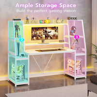Sikaic Gaming Desk 65.7 Inches Large PC Gamer Gaming Desk with LED Lights Hutch and Storage Shelves Monitor Stand White