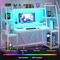 Sikaic Gaming Desk 65.7 Inches Large PC Gamer Gaming Desk with LED Lights Hutch and Storage Shelves Monitor Stand White