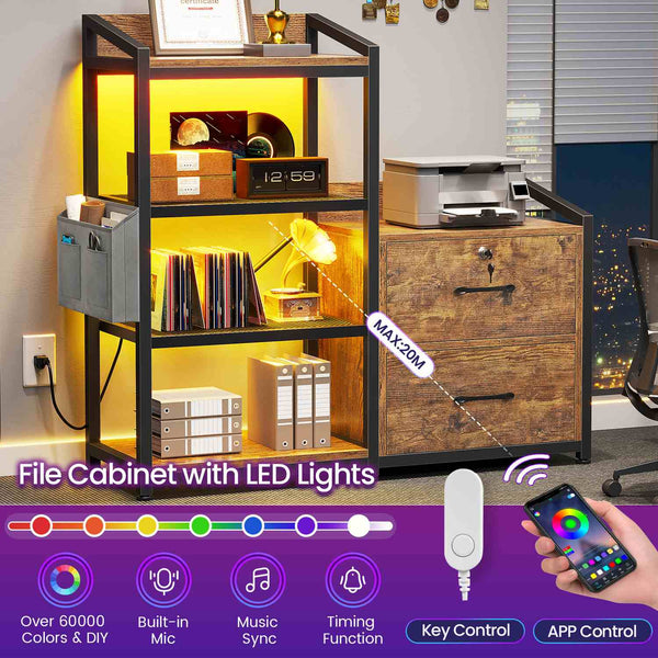 Is File Led Light Sikaic 35.4 in LED File Cabinet with Power Strip Brown