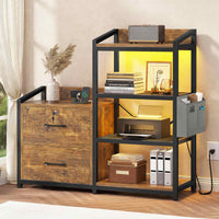 Sikaic File Cabinet 35.4 inches LED File Cabinet Power Strip with 2 Drawe fits Letter/A4 Size Brown