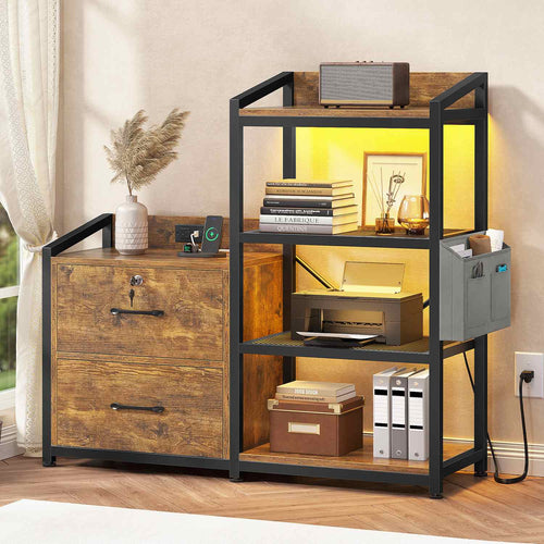 Sikaic File Cabinet 35.4 inches LED File Cabinet Power Strip with 2 Drawe fits Letter/A4 Size Brown