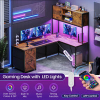 Sikaic Gaming Desk LED lights L Shaped Gaming Desk with Fabric File Drawers and Power Outlet Hutch & Storage Shelves Rustic Brown