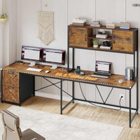 Sikaic Gaming Desk LED lights L Shaped Gaming Desk with Fabric File Drawers and Power Outlet Hutch & Storage Shelves Rustic Brown