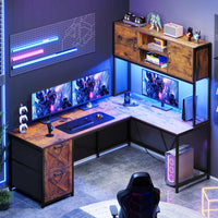 Sikaic Gaming Desk LED lights L Shaped Gaming Desk with Fabric File Drawers and Power Outlet Hutch & Storage Shelves Rustic Brown