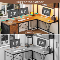Sikaic Gaming Desk LED lights L Shaped Gaming Desk with Fabric File Drawers and Power Outlet Hutch & Storage Shelves Rustic Brown