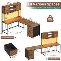 Sikaic Gaming Desk LED lights L Shaped Gaming Desk with Fabric File Drawers and Power Outlet Hutch & Storage Shelves Rustic Brown