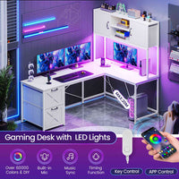Sikaic Gaming Desk LED lights L Shaped Gaming Desk with Fabric File Drawers and Power Outlet Hutch & Storage Shelves White