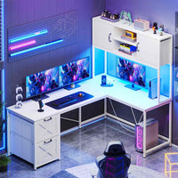 Sikaic Gaming Desk LED lights L Shaped Gaming Desk with Fabric File Drawers and Power Outlet Hutch & Storage Shelves White
