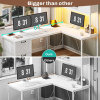 Sikaic Gaming Desk LED lights L Shaped Gaming Desk with Fabric File Drawers and Power Outlet Hutch & Storage Shelves White
