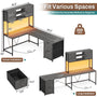 Sikaic Gaming Desk LED lights L Shaped Gaming Desk with Fabric File Drawers and Power Outlet Hutch & Storage Shelves Grey
