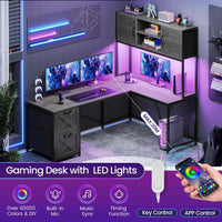 Sikaic Gaming Desk LED lights L Shaped Gaming Desk with Fabric File Drawers and Power Outlet Hutch & Storage Shelves Grey