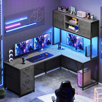 Sikaic Gaming Desk LED lights L Shaped Gaming Desk with Fabric File Drawers and Power Outlet Hutch & Storage Shelves Grey