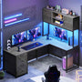 Sikaic Gaming Desk LED lights L Shaped Gaming Desk with Fabric File Drawers and Power Outlet Hutch & Storage Shelves Grey