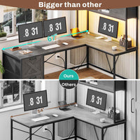 Sikaic Gaming Desk LED lights L Shaped Gaming Desk with Fabric File Drawers and Power Outlet Hutch & Storage Shelves Grey