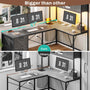 Sikaic Gaming Desk LED lights L Shaped Gaming Desk with Fabric File Drawers and Power Outlet Hutch & Storage Shelves Grey