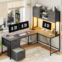 Sikaic Gaming Desk LED lights L Shaped Gaming Desk with Fabric File Drawers and Power Outlet Hutch & Storage Shelves Grey