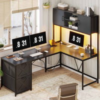 Sikaic Gaming Desk LED lights L Shaped Gaming Desk with Fabric File Drawers and Power Outlet Hutch & Storage Shelves Black