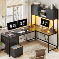 Sikaic Gaming Desk LED lights L Shaped Gaming Desk with Fabric File Drawers and Power Outlet Hutch & Storage Shelves Black