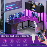 Sikaic Gaming Desk LED lights L Shaped Gaming Desk with Fabric File Drawers and Power Outlet Hutch & Storage Shelves Black