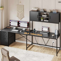 Sikaic Gaming Desk LED lights L Shaped Gaming Desk with Fabric File Drawers and Power Outlet Hutch & Storage Shelves Black