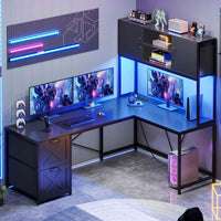 Sikaic Gaming Desk LED lights L Shaped Gaming Desk with Fabric File Drawers and Power Outlet Hutch & Storage Shelves Black