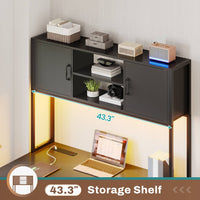 Sikaic Gaming Desk LED lights L Shaped Gaming Desk with Fabric File Drawers and Power Outlet Hutch & Storage Shelves Black