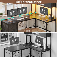 Sikaic Gaming Desk LED lights L Shaped Gaming Desk with Fabric File Drawers and Power Outlet Hutch & Storage Shelves Black