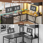 Sikaic Gaming Desk LED lights L Shaped Gaming Desk with Fabric File Drawers and Power Outlet Hutch & Storage Shelves Black