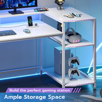 Sikaic Gaming Desk 55 Inches Large PC Gaming Desk with LED Lights and Storage Shelves  Monitor Stand Power Outlets Cup Holder White