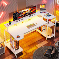 Sikaic Gaming Desk 55 Inches Large PC Gaming Desk with LED Lights and Storage Shelves  Monitor Stand Power Outlets Cup Holder White