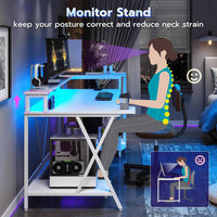 Sikaic Gaming Desk 55 Inches Large PC Gaming Desk with LED Lights and Storage Shelves  Monitor Stand Power Outlets Cup Holder White