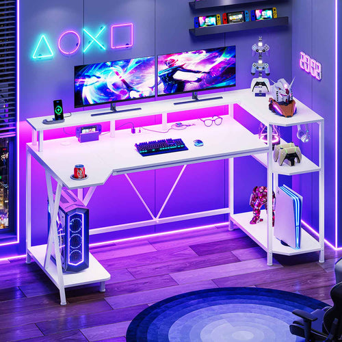 Sikaic Gaming Desk 55 Inches Large PC Gaming Desk with LED Lights and Storage Shelves  Monitor Stand Power Outlets Cup Holder White