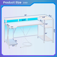 Sikaic Gaming Desk 55 Inches Large PC Gaming Desk with LED Lights and Storage Shelves  Monitor Stand Power Outlets Cup Holder White