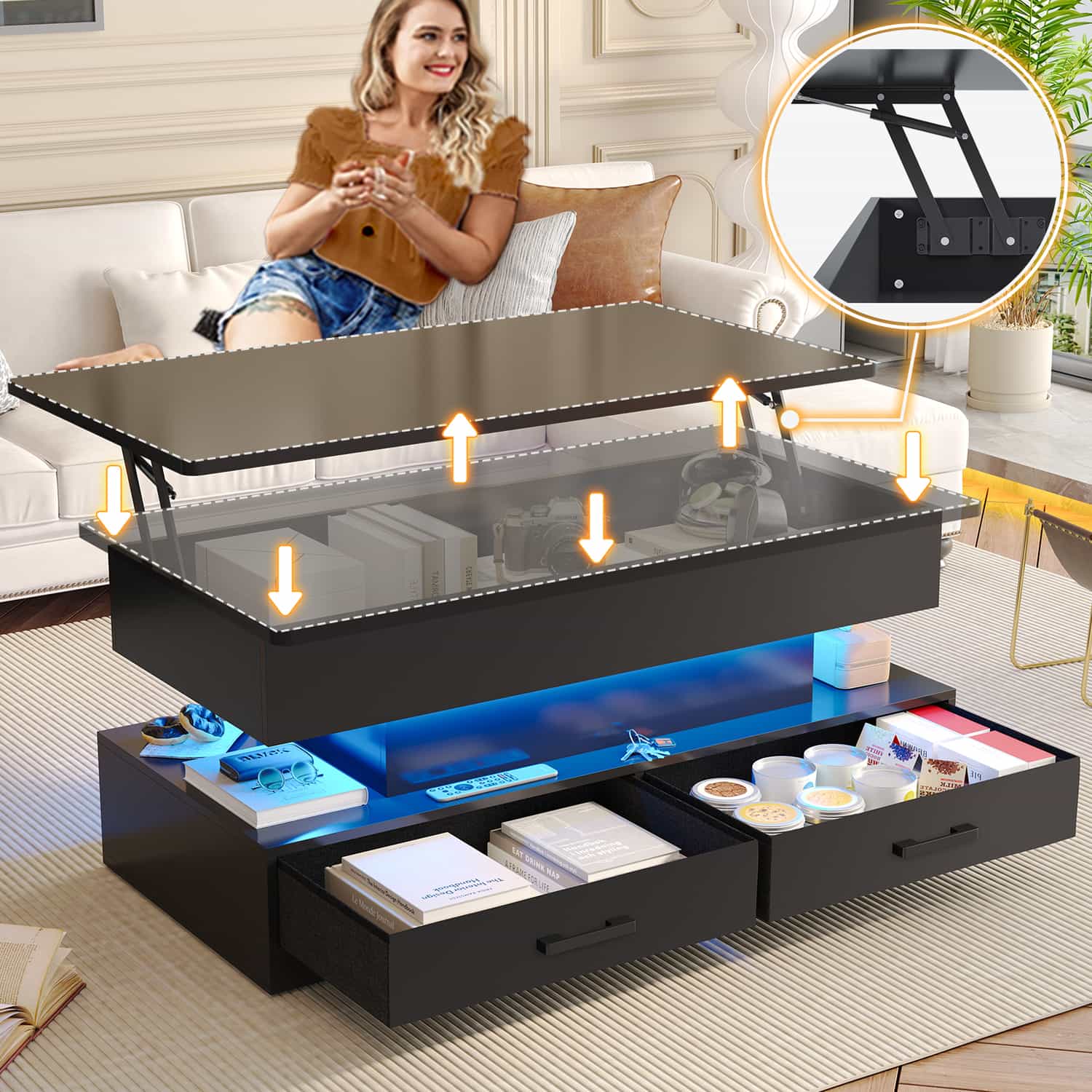 Small Lift Top Coffee Table Black with Drawers | Sikaic