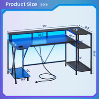 Sikaic Gaming Desk 55 Inches Large PC Gaming Desk with LED Lights and Storage Shelves  Monitor Stand Power Outlets Cup Holder Black