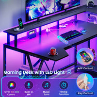 Sikaic Gaming Desk 55 Inches Large PC Gaming Desk with LED Lights and Storage Shelves  Monitor Stand Power Outlets Cup Holder Black