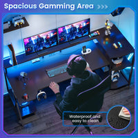 Sikaic Gaming Desk 55 Inches Large PC Gaming Desk with LED Lights and Storage Shelves  Monitor Stand Power Outlets Cup Holder Black