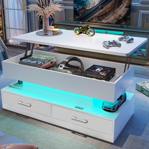 Sikaic Coffee Table 40 Inches Lift Top Coffee Table with 2 Fabric Drawers and LED Light White
