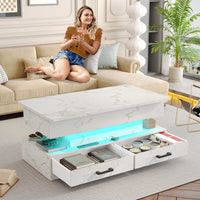 Sikaic Coffee Table 40 Inches Lift Top Coffee Table with 2 Fabric Drawers and LED Light White Marble