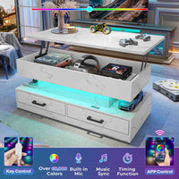 Sikaic Coffee Table 40 Inches Lift Top Coffee Table with 2 Fabric Drawers and LED Light White Marble
