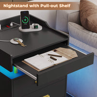Sikaic Nightstand LED Nightstand with Charging Station and 3 Drawers and 1 Pull-Out Tray Black and Gold