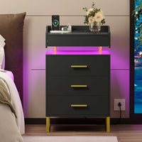 Sikaic Nightstand LED Nightstand with Charging Station and 3 Drawers and 1 Pull-Out Tray Black and Gold